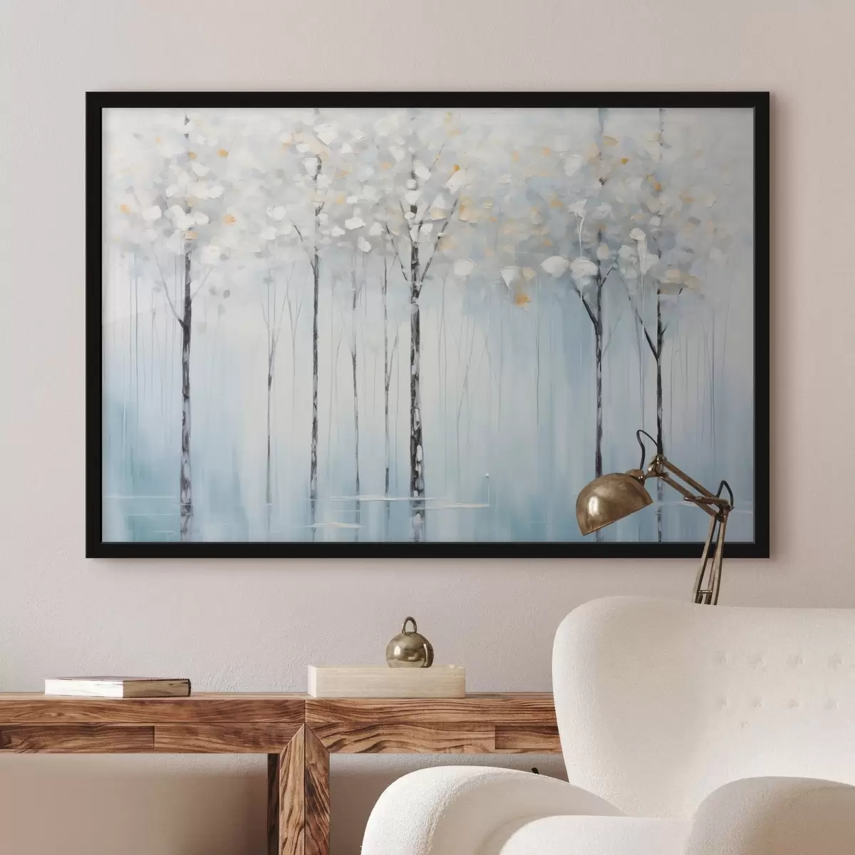 Poster Alberi alti e slanciati con foglie blu e accenni di giallo su uno sfondo blu tenue, imitazione di pittura a olio f42731
