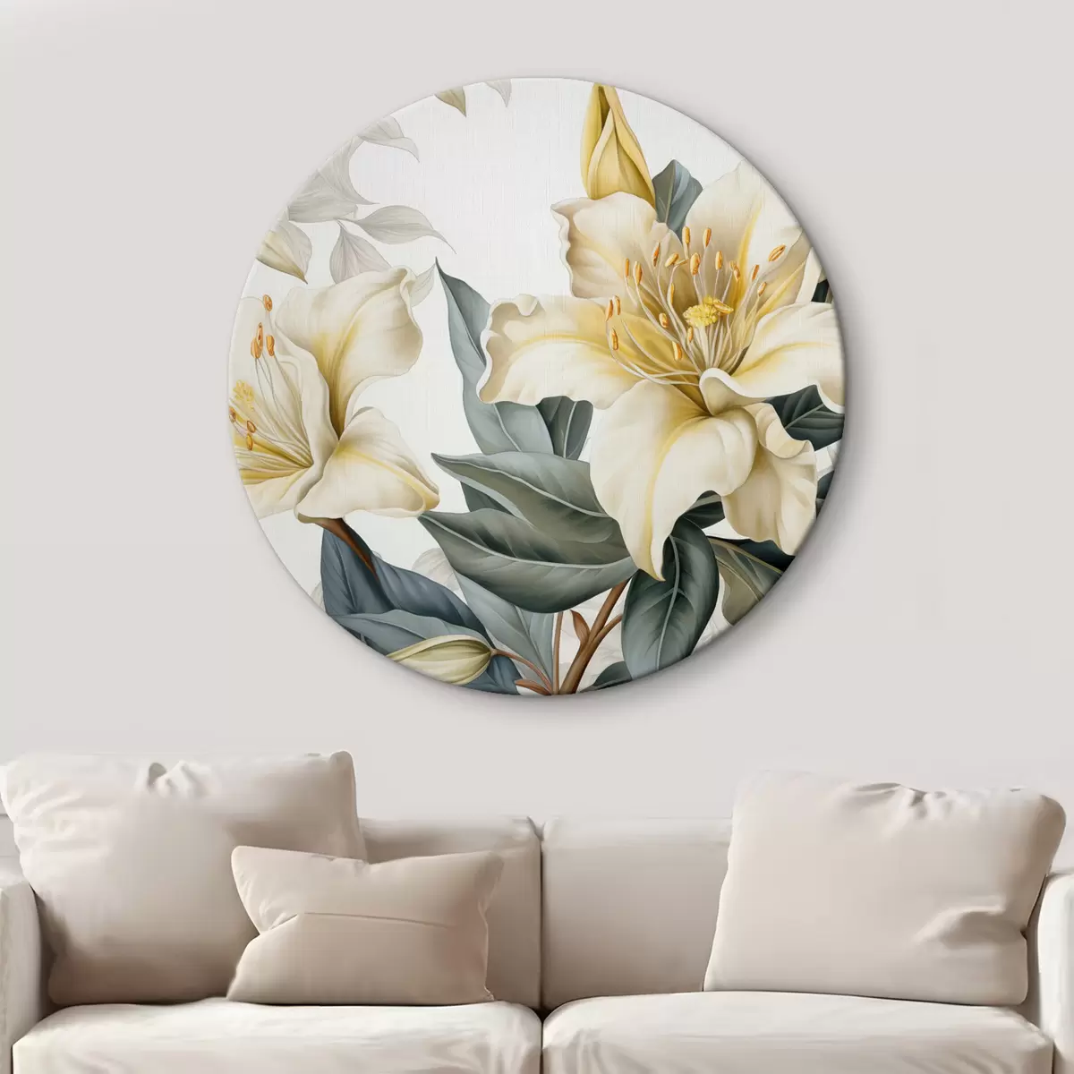 Quadri rotondi Illustrazione botanica di fiori bianchi e giallo pallido con petali intricati, circondati da foglie verdi r42712