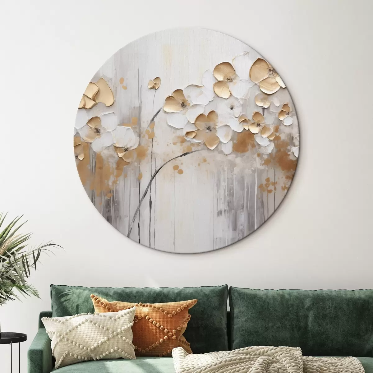Quadri rotondi Fiori con petali strutturati su uno sfondo morbido e tenue con spruzzi di colore astratto e linee verticali r42713