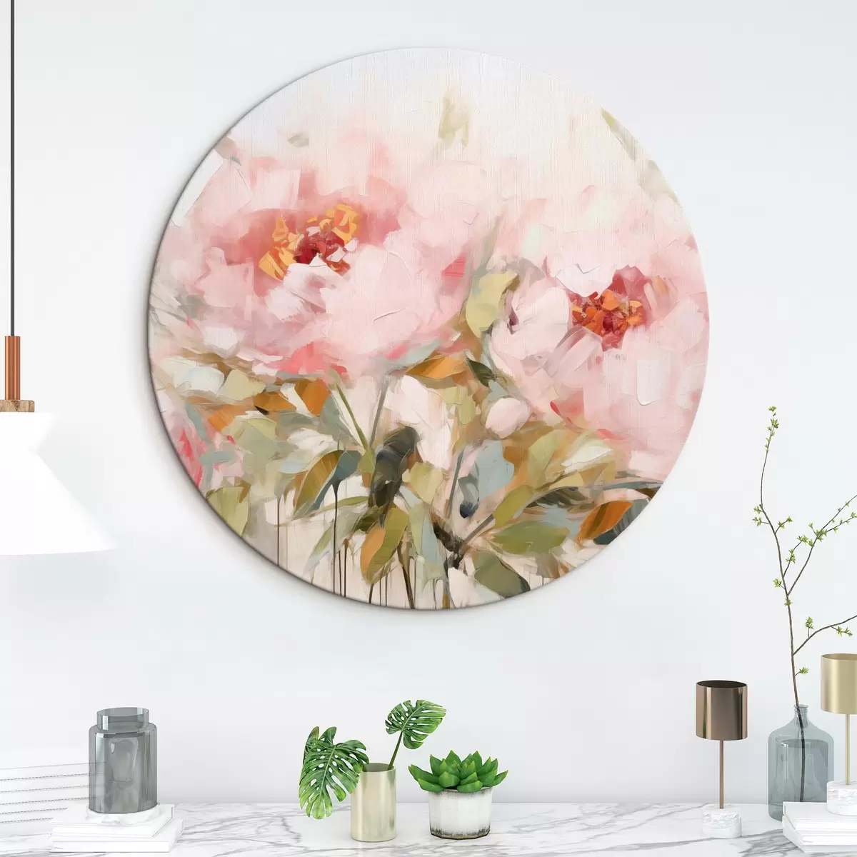 Quadri rotondi Dipinto a olio che imita grandi peonie rosa con petali morbidi e centri gialli, circondate da foglie verdi r42720