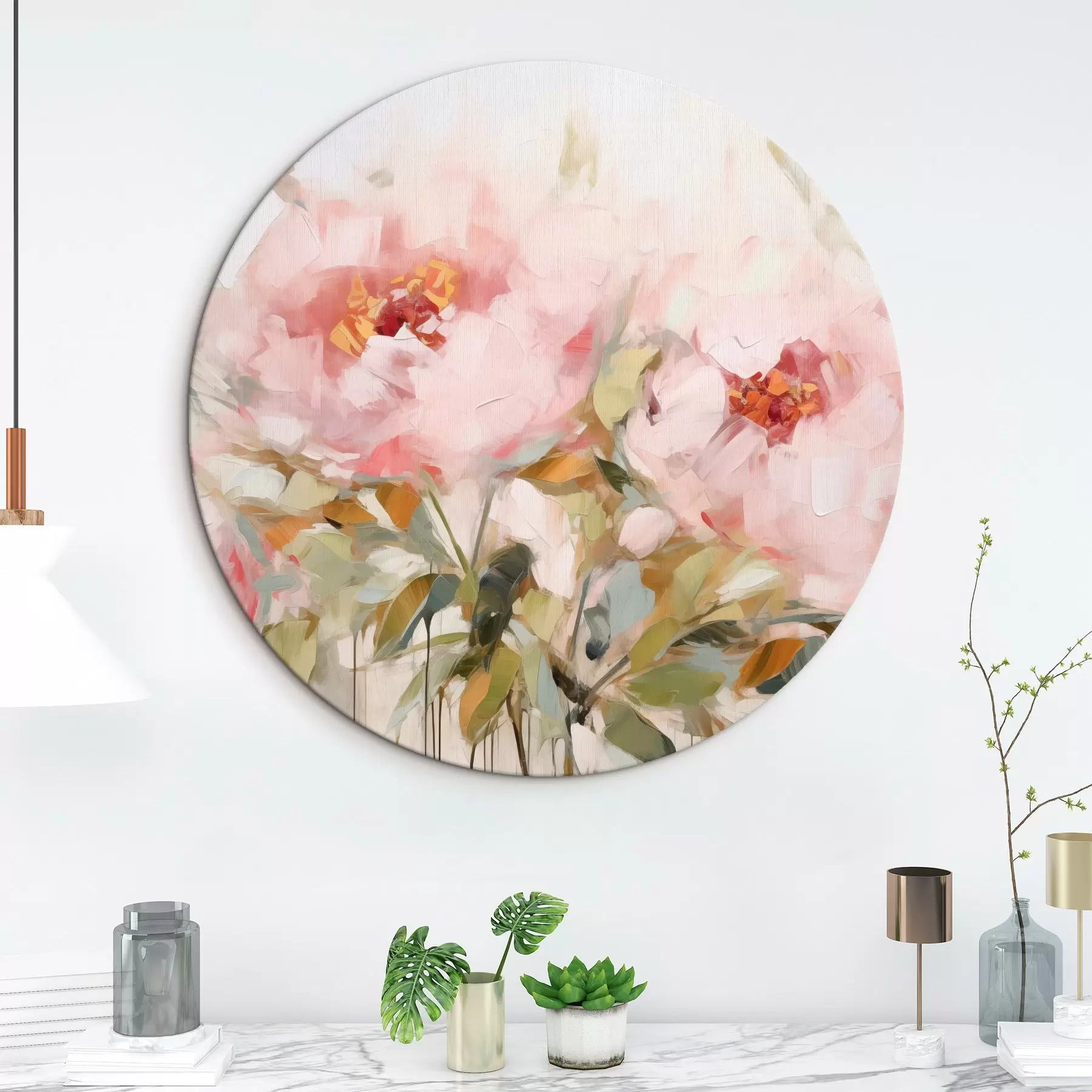 carta da parati Dipinto a olio che imita grandi peonie rosa con petali morbidi e centri gialli, circondate da foglie verdi nr. r42720