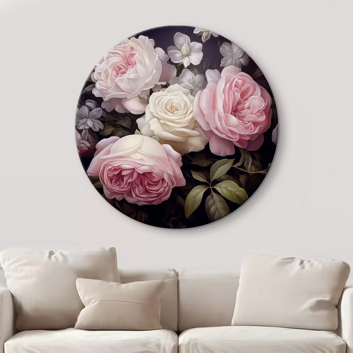 Quadri rotondi Rose rosa e bianche disposte con delicati fiori bianchi e foglie verdi su uno sfondo scuro r42721