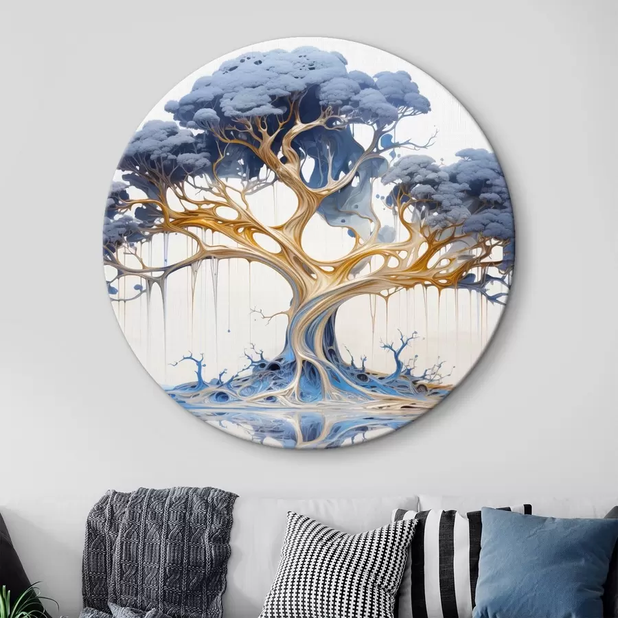 carta da parati Un albero stilizzato con rami e fogliame intricati, caratterizzato da una miscela di tonalità blu e gialle nr. r42722