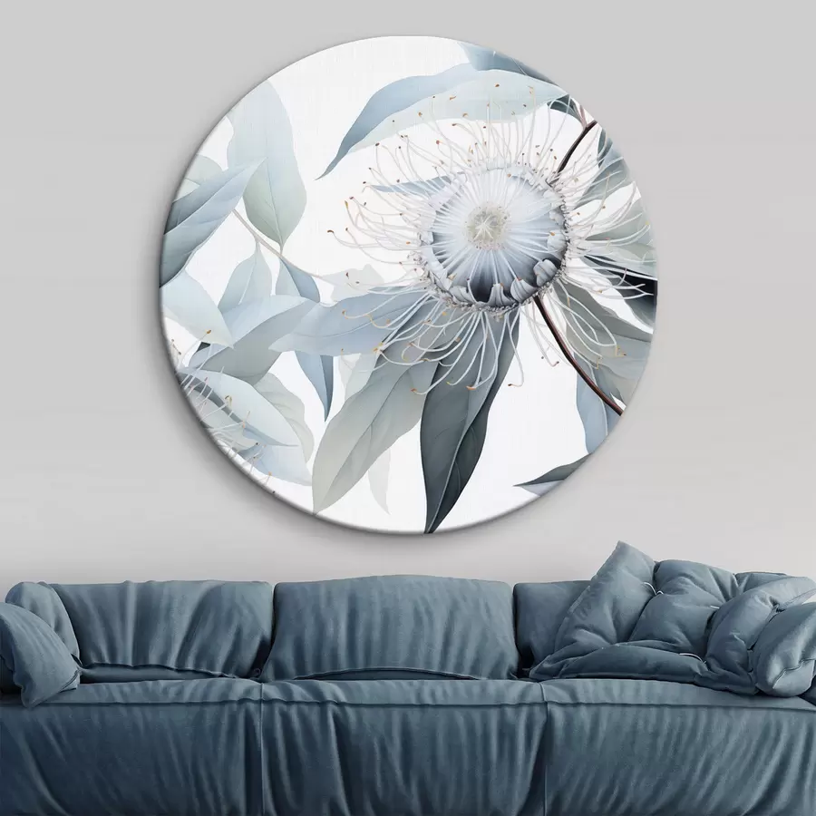 carta da parati Illustrazione botanica dettagliata di fiori di eucalipto con filamenti bianchi, circondati da foglie morbide e verde chiaro nr. r42725