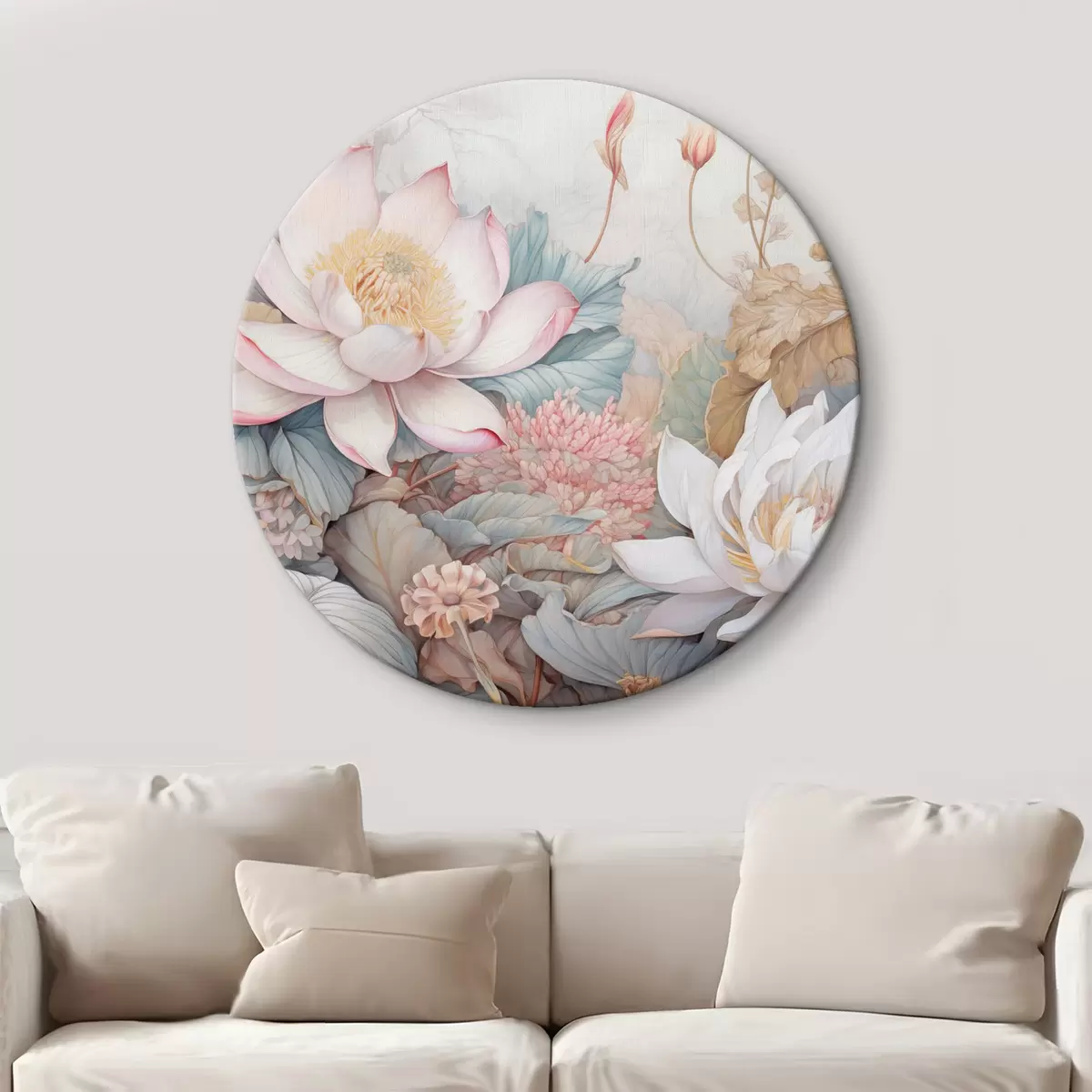 Quadri rotondi Grandi fiori di loto dai toni tenui del rosa e del bianco, circondati da foglie verdi e da un delicato fogliame rosa r42729