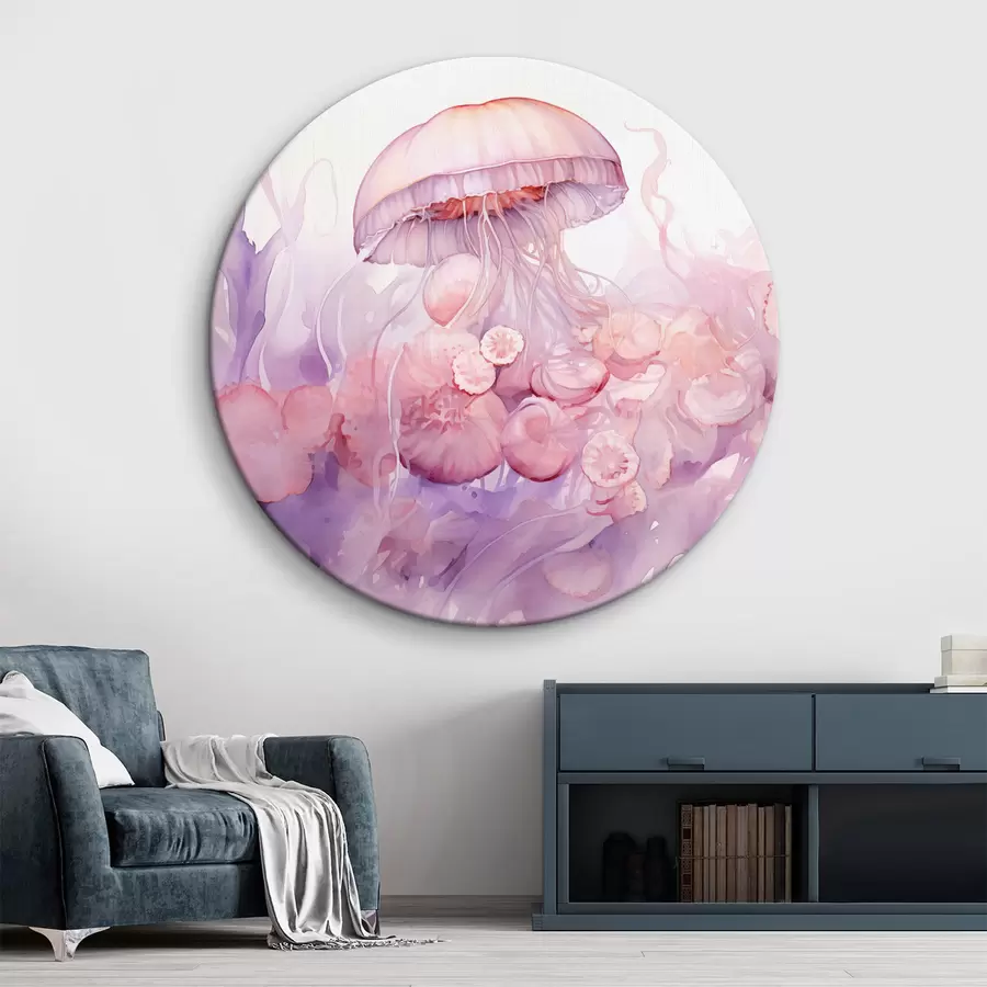 carta da parati Meduse rosa che fluttuano in un turbinio di colori rosa e viola, circondate da forme astratte nr. r42730