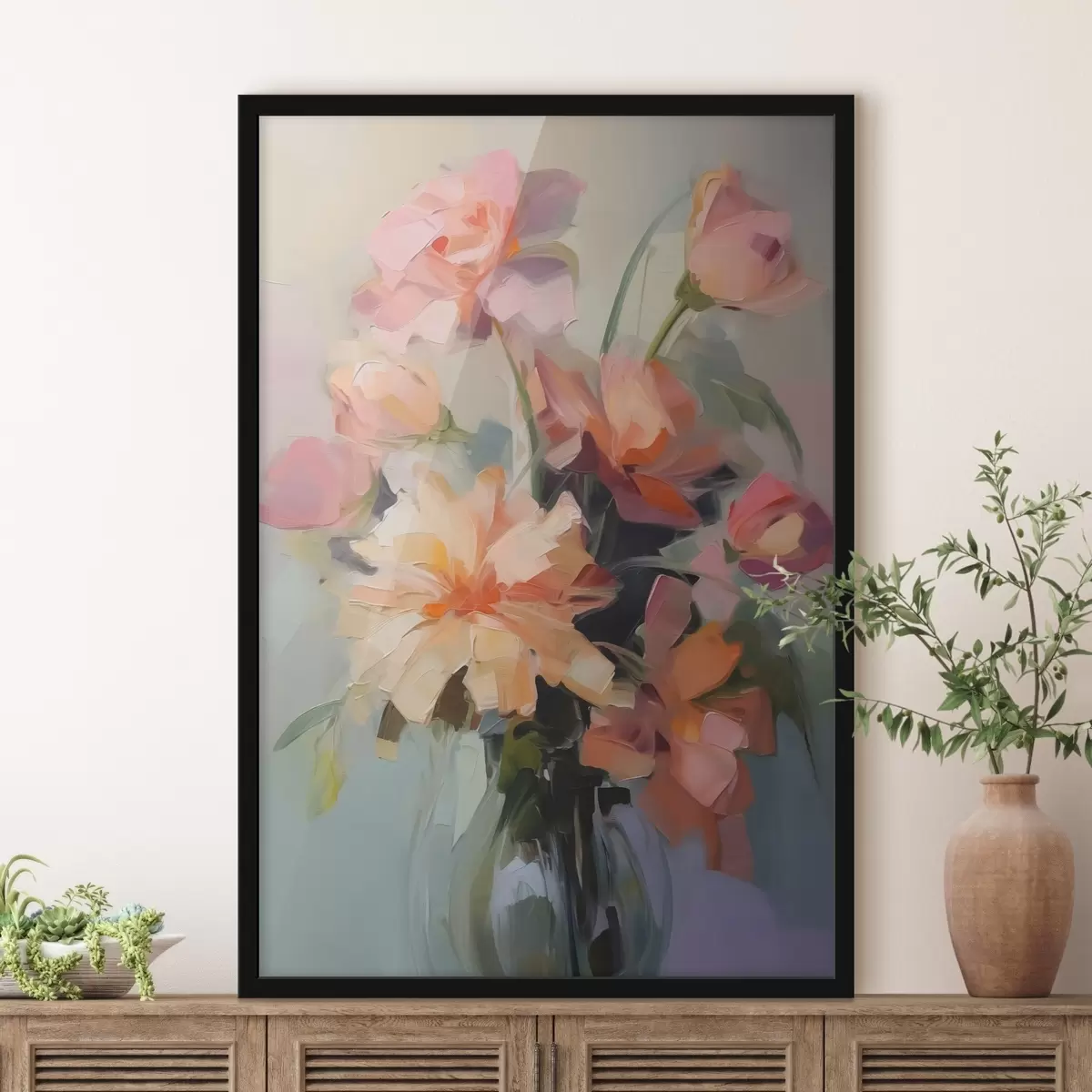 Poster Crisantemi in vaso a imitazione di tratti di pittura f42745