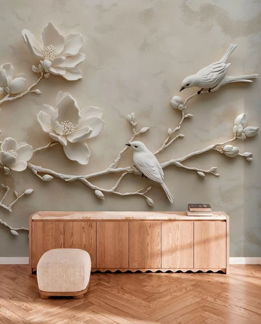 Carta da parati Floreale rami di magnolia 3D con uccelli n. w08690