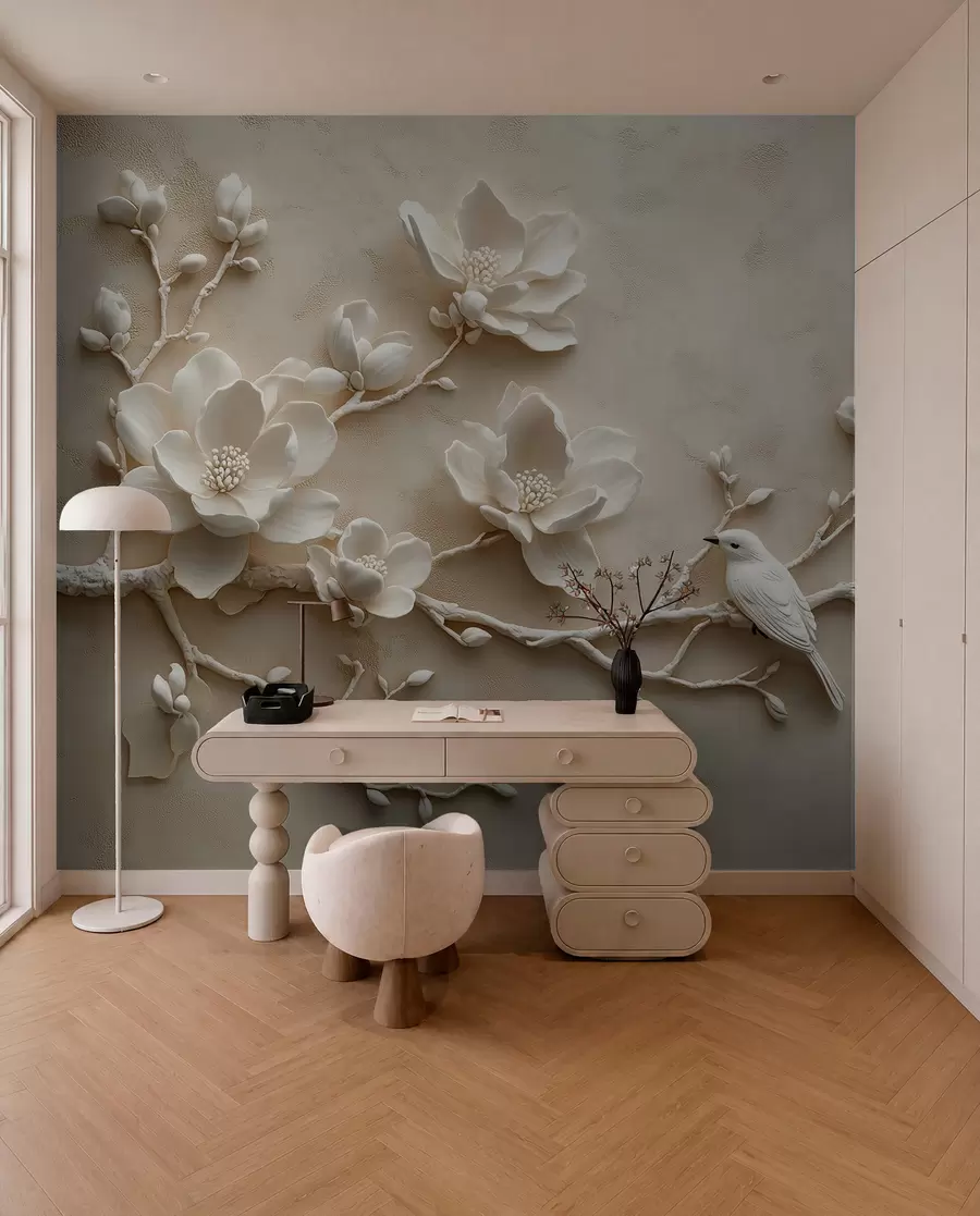 Carta da parati Floreale rami di magnolia 3D con uccelli n. w08690