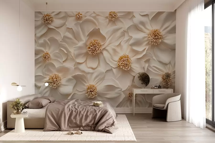 Carta da parati Floreale composizione floreale 3D beige con accenti gialli n. w08691