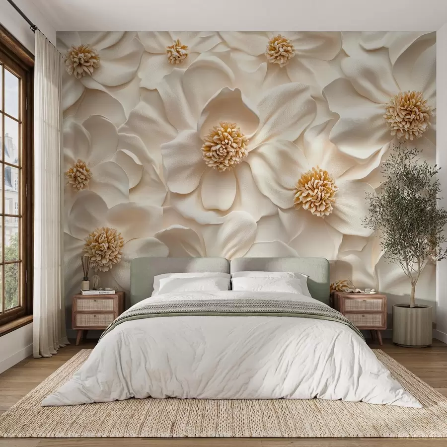 Carta da parati Floreale composizione floreale 3D beige con accenti gialli n. w08691
