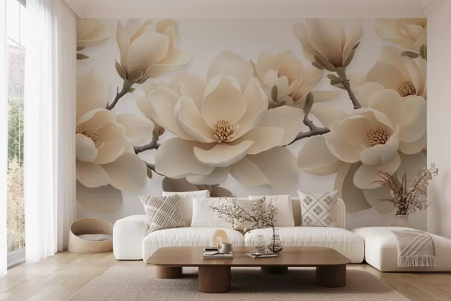 Carta da parati Floreale Fiori di magnolia sbocciati di colore beige in tonalità crema su sfondo bianco n. w08692