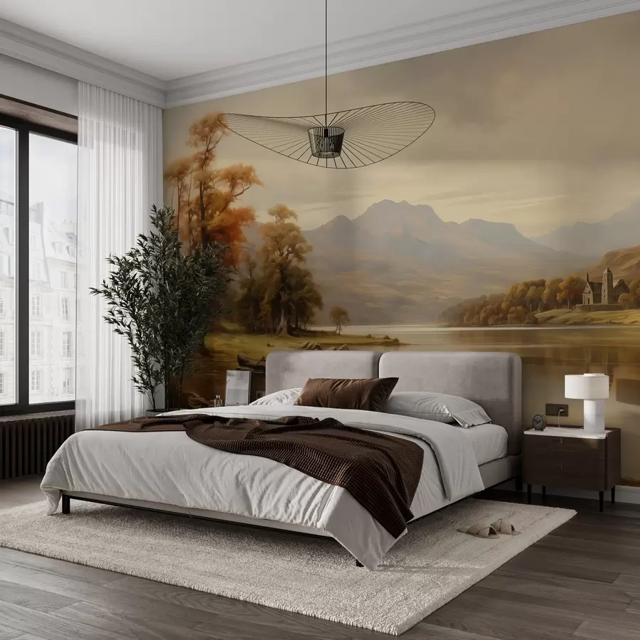 Carta da parati nature Paesaggio ad acquerello dipinto con colori caldi 