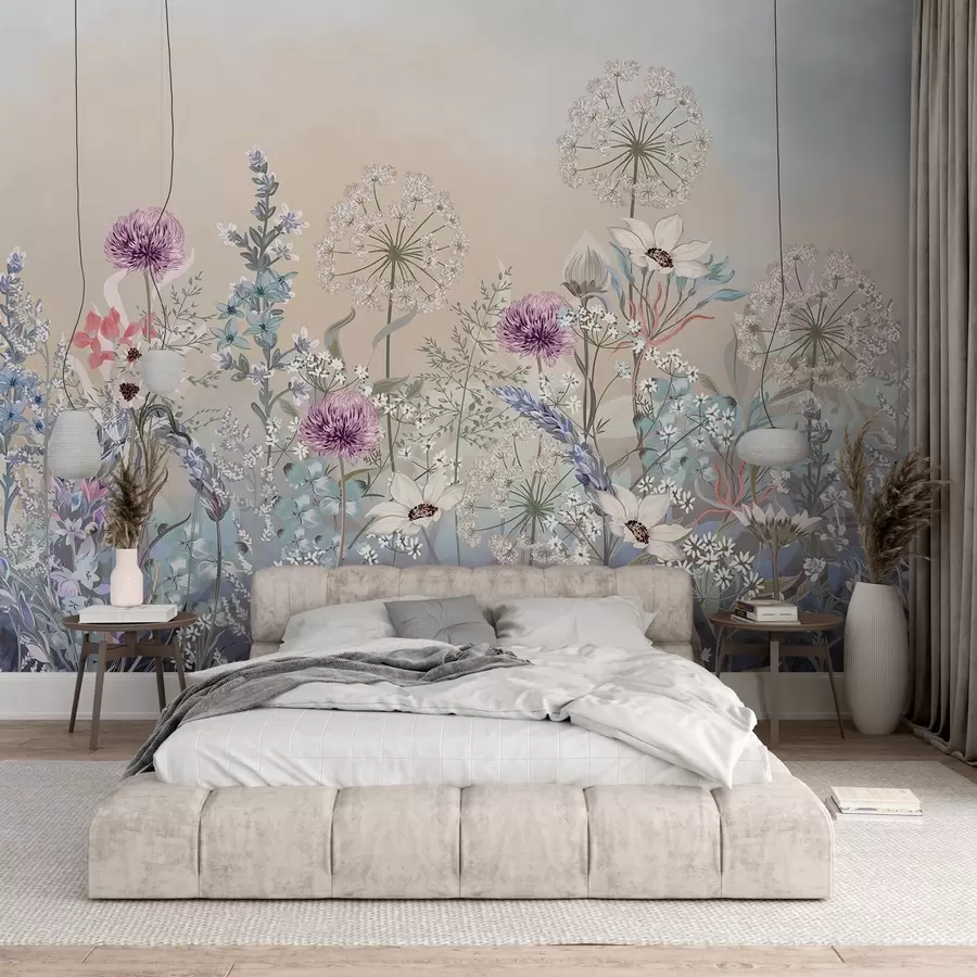 carta da parati Un vivace giardino floreale con vari fiori ed erba su uno sfondo morbido e sfumato dai colori pastello nr. w08699