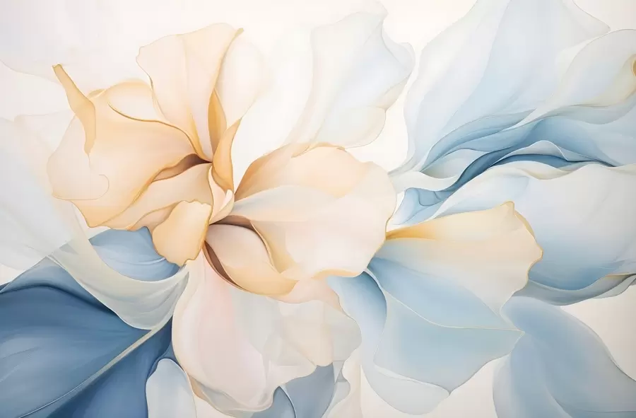 carta da parati Flussi di petali floreali astratti traslucidi e stratificati in colori pastello, nelle tonalità del pesca e del blu nr. w08701