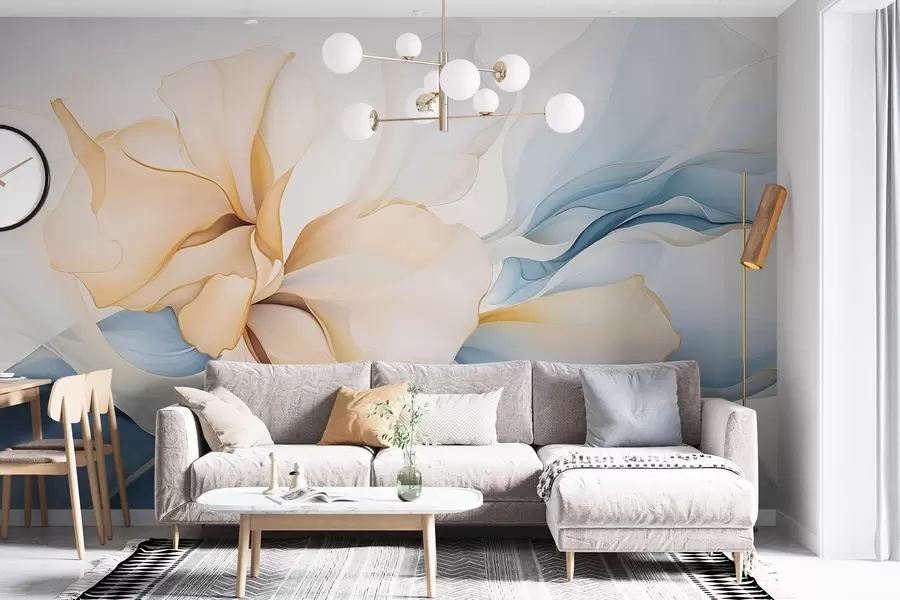 carta da parati Flussi di petali floreali astratti traslucidi e stratificati in colori pastello, nelle tonalità del pesca e del blu nr. w08701