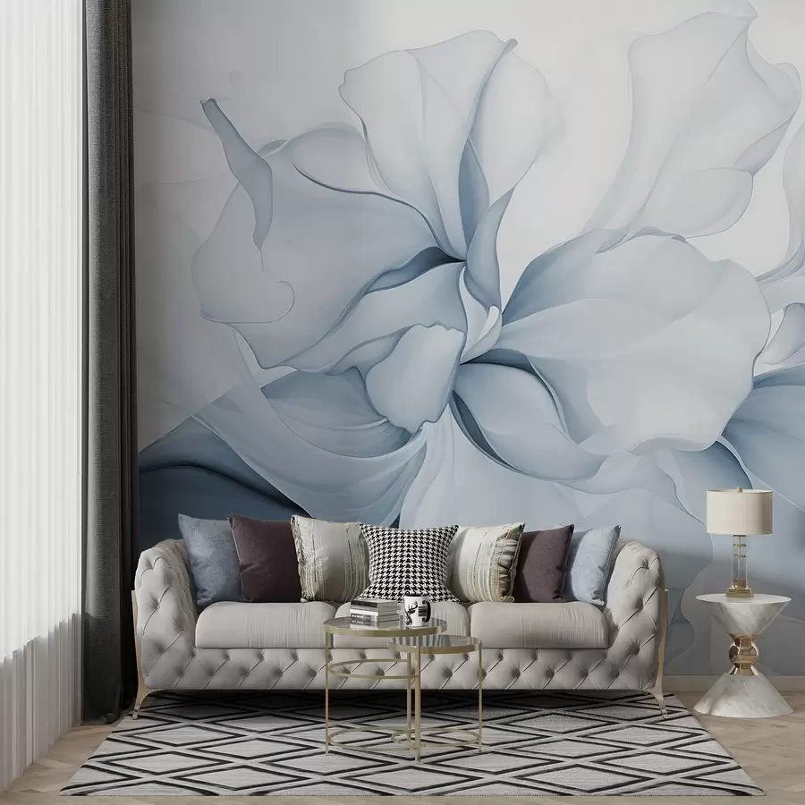 Carta da parati Floreale Flussi di petali floreali astratti traslucidi e forme stratificate in colori pastello, nelle tonalità del blu n. w08701v2