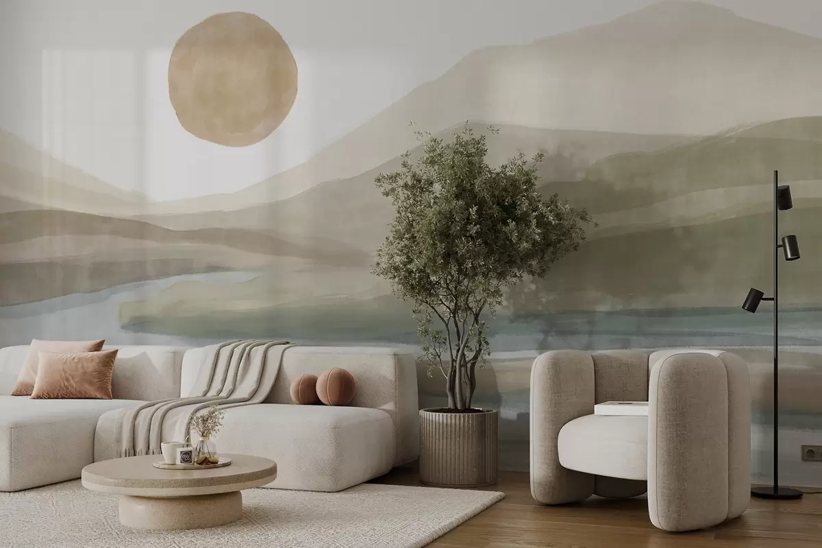 carta da parati Un paesaggio di montagne stratificate con una leggera pendenza, un fiume tortuoso, un sole arancione tenue nel cielo.. nr. w08702