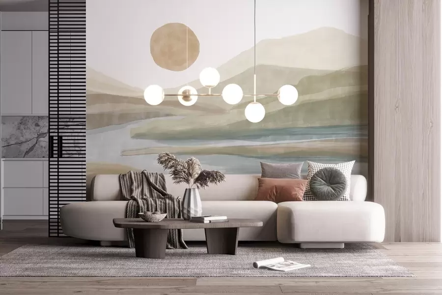 Carta da parati nature Un paesaggio di montagne stratificate con una leggera pendenza, un fiume tortuoso, un sole arancione tenue nel cielo 