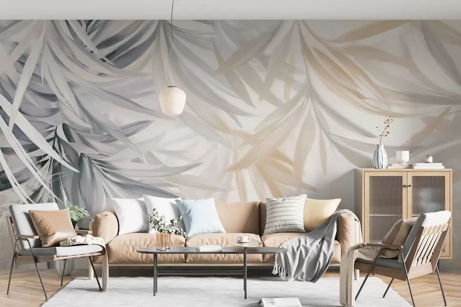 carta da parati Foglie tropicali morbide e fluide di colore chiaro, nei toni del grigio e del pesca, che si fondono in una stampa chiara e neutra nr. w08703