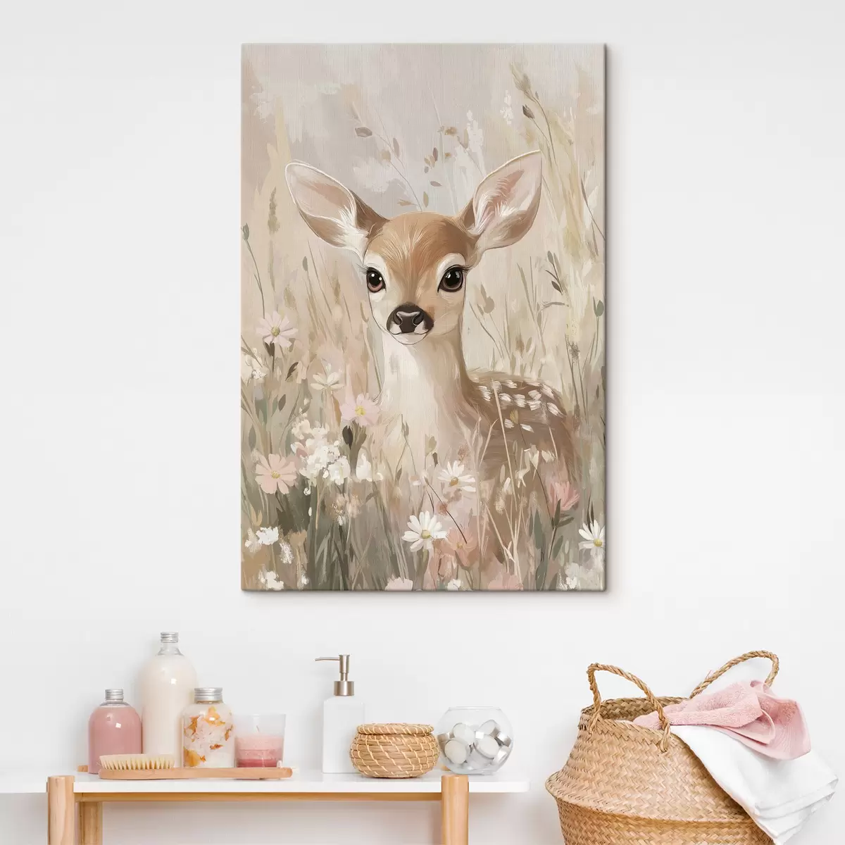 carta da parati Piccolo cervo nel prato estivo, disegno in stile acrilico, colori rosa pastello e beige nr. s42781