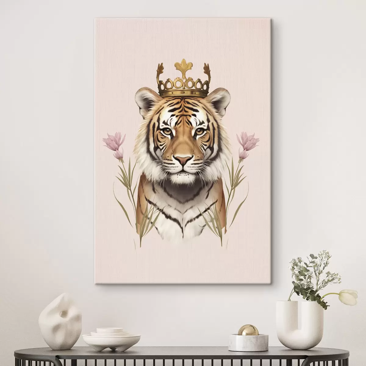 carta da parati Tigre con corona d'oro, sfondo rosa, fiori di tulipano nr. s42782