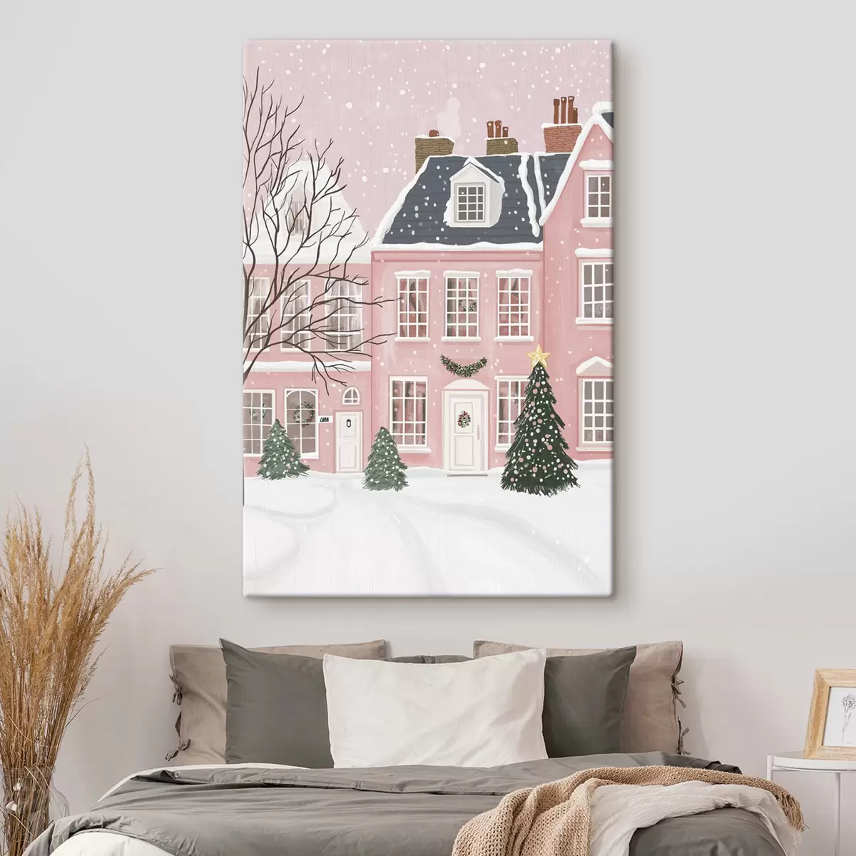 carta da parati Case rosa, pini, paesaggi invernali  nr. s42791