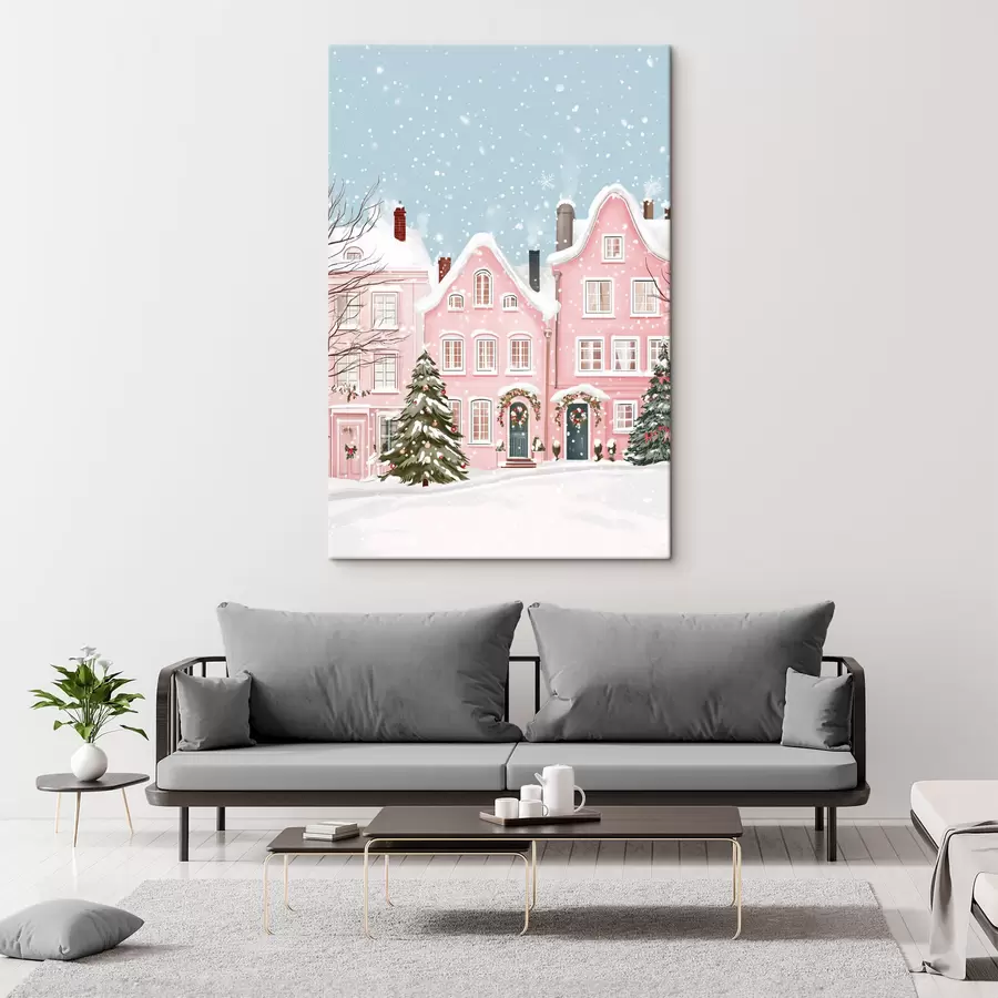 carta da parati Bella città con graziose case rosa, estetica invernale, fiocchi di neve  nr. s42793