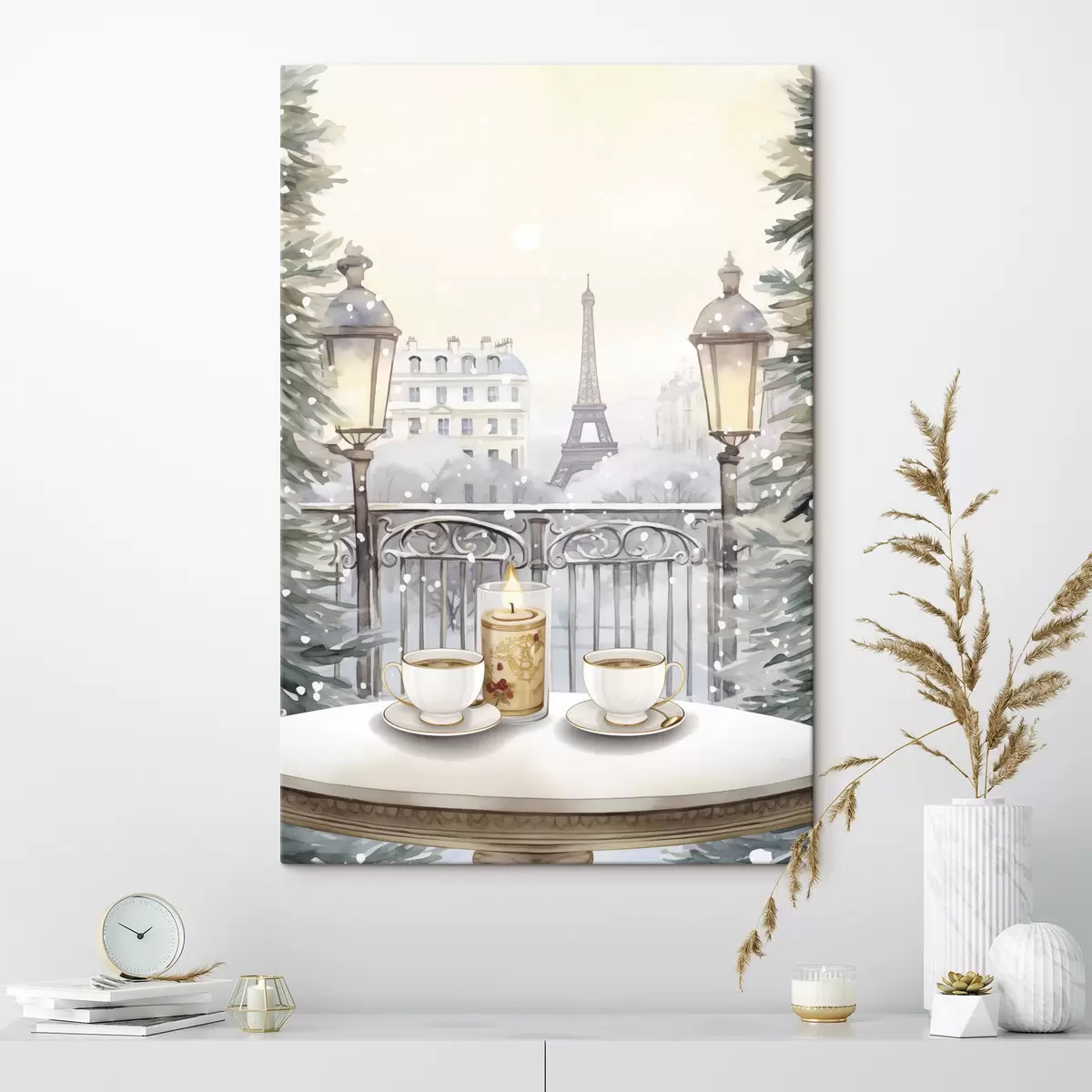 carta da parati Bellissimo caffè a Parigi, tazze da tè, vista romantica, inverno, stile acquerello nr. s42799