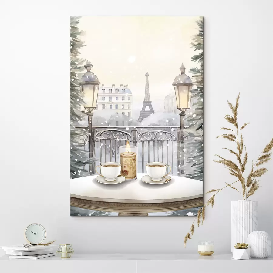 carta da parati Bellissimo caffè a Parigi, tazze da tè, vista romantica, inverno, stile acquerello nr. s42799