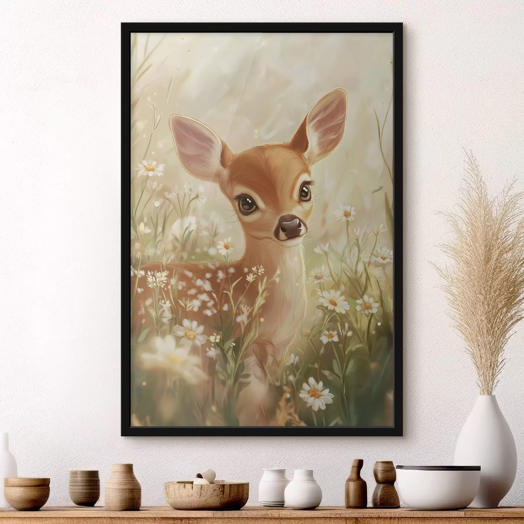 carta da parati Carino il cervo nel prato con fiori di margherita, disegno a olio nr. f42780