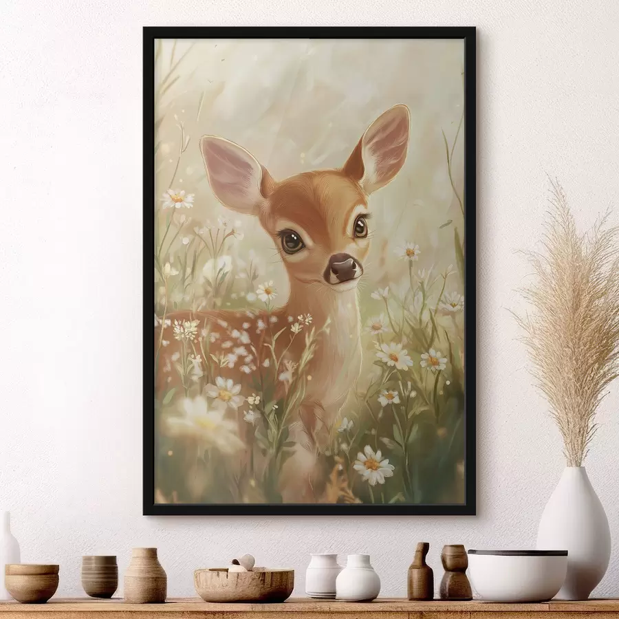 carta da parati Carino il cervo nel prato con fiori di margherita, disegno a olio nr. f42780