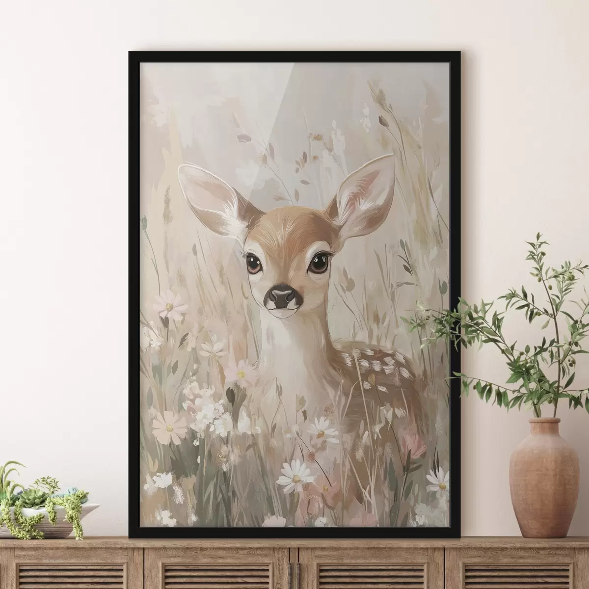 Poster Piccolo cervo nel prato estivo, disegno in stile acrilico, colori rosa pastello e beige f42781