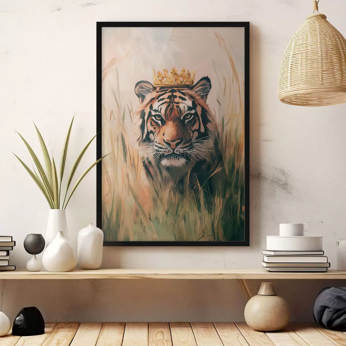 Poster Tigre su un prato con erba, corona, disegno acrilico f42783