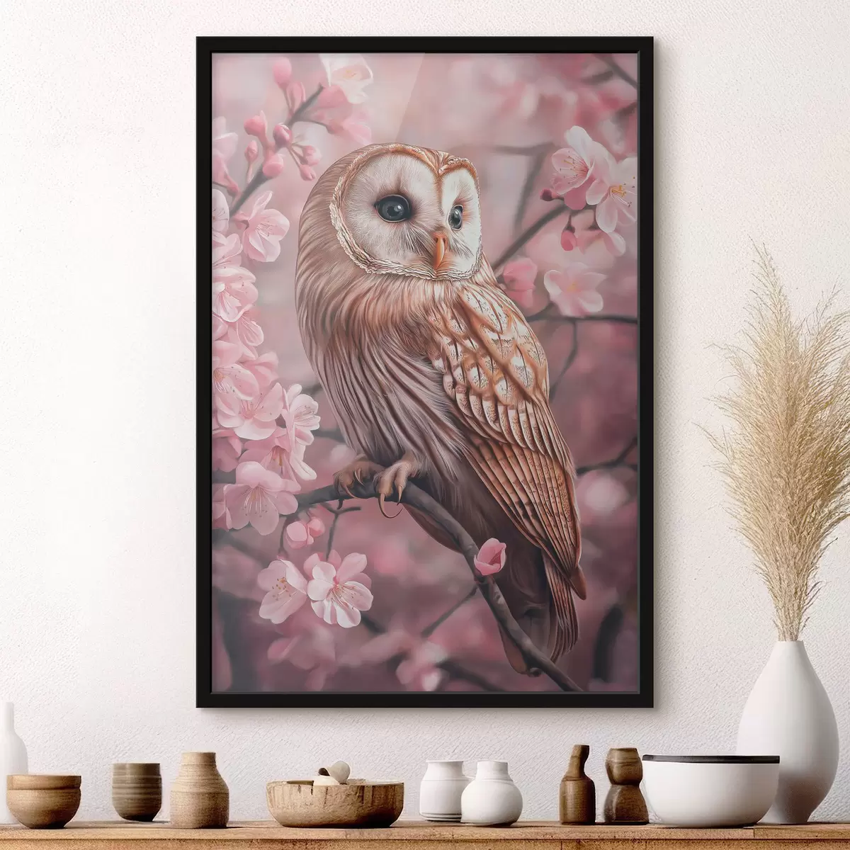 Poster Gufo sul ciliegio, fiori rosa, realismo, natura f42785