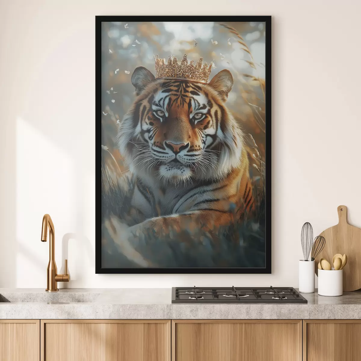 Poster Bellissimo tigre con corona, prato estivo, realismo f42786
