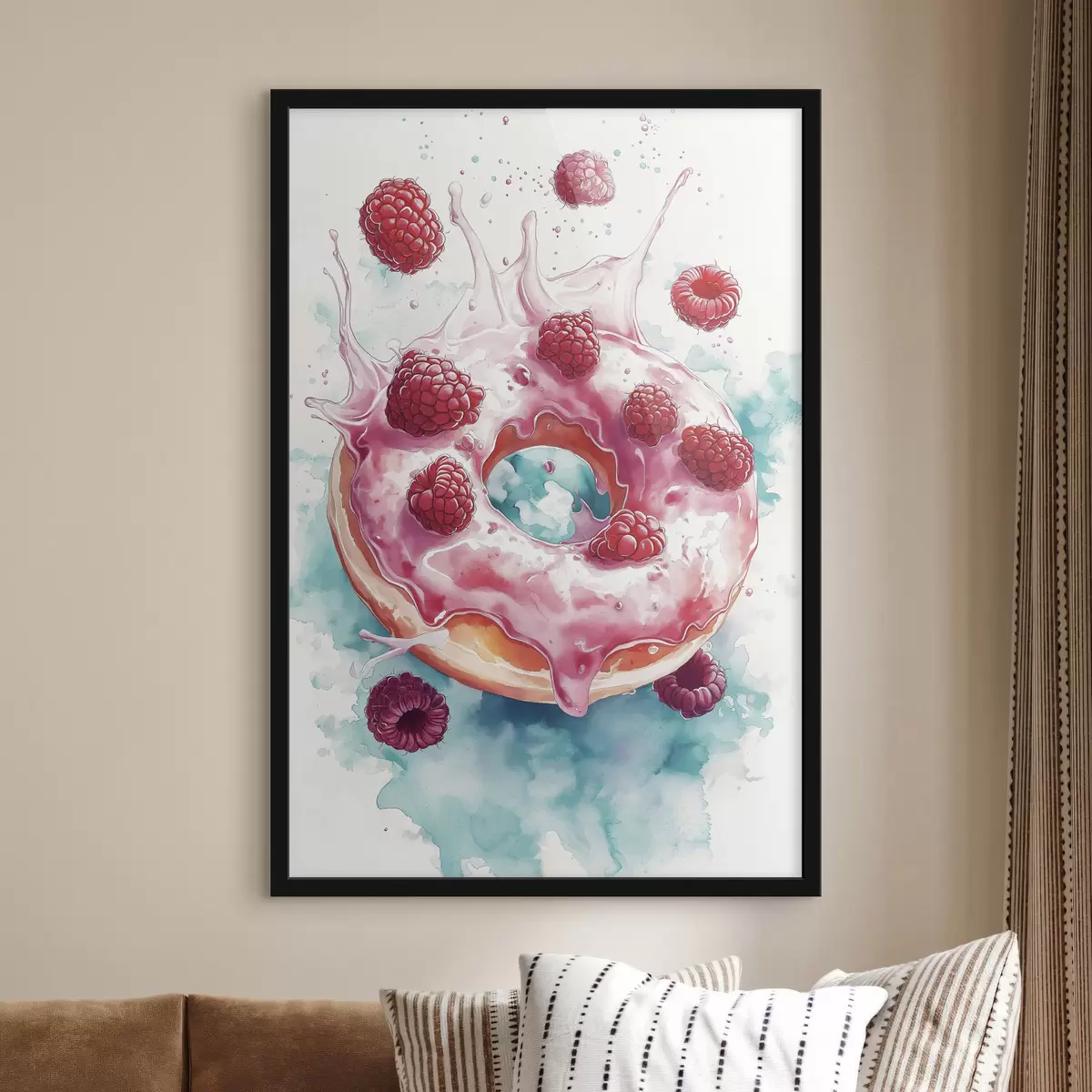 Poster Ciambella acquerellata con lamponi, colori rosa e blu f42787