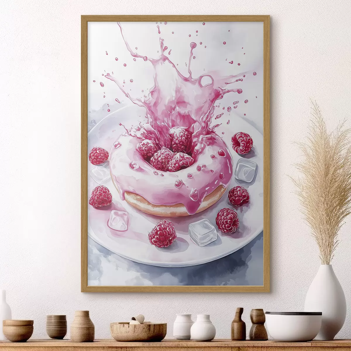 Poster Deliziosa ciambella al piatto, panna frizzante, lamponi, ghiaccio f42788