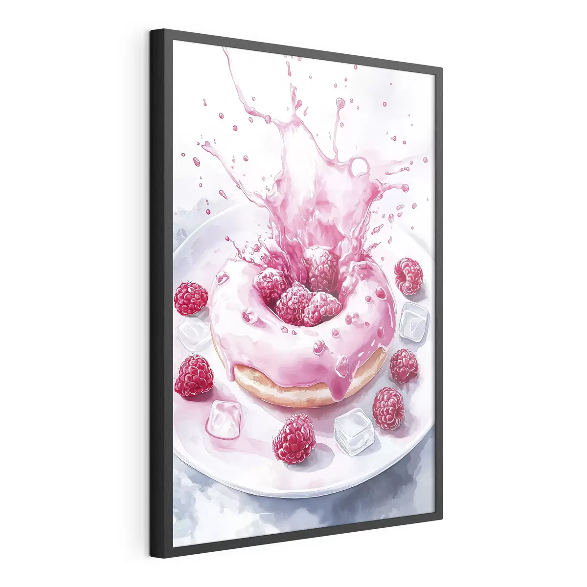 Poster Deliziosa ciambella al piatto, panna frizzante, lamponi, ghiaccio f42788