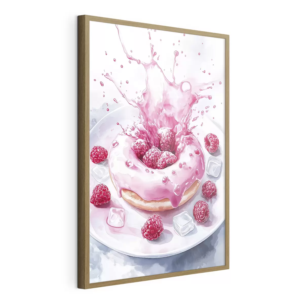 Poster Deliziosa ciambella al piatto, panna frizzante, lamponi, ghiaccio f42788