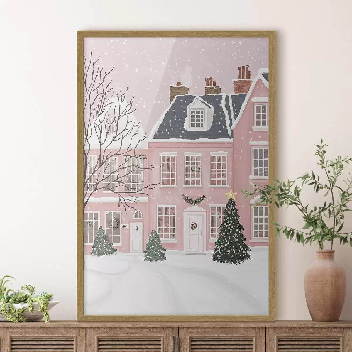 Poster Case rosa, pini, paesaggi invernali f42791