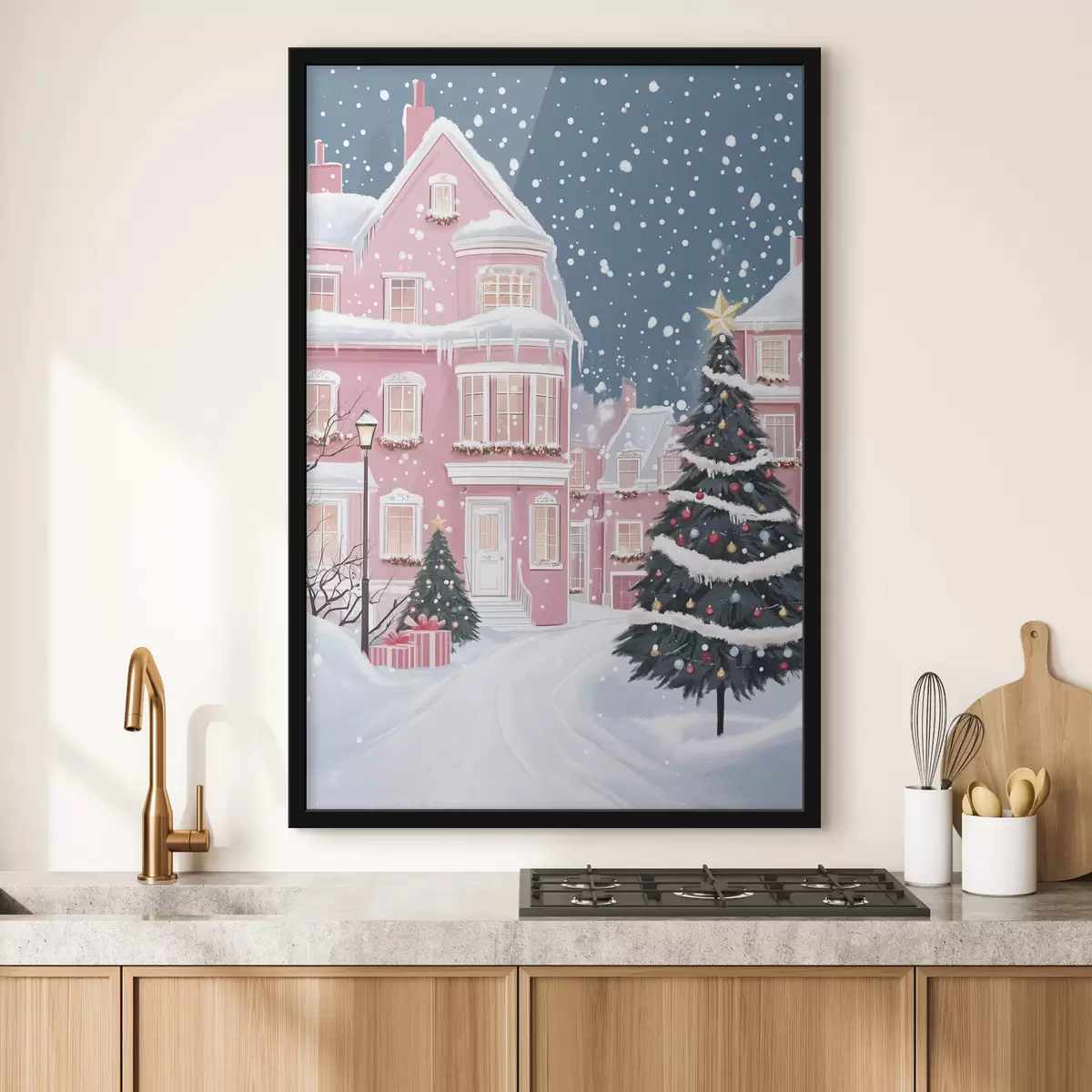 Poster Città invernale con case rosa, alberi di Natale e fiocchi di neve f42792