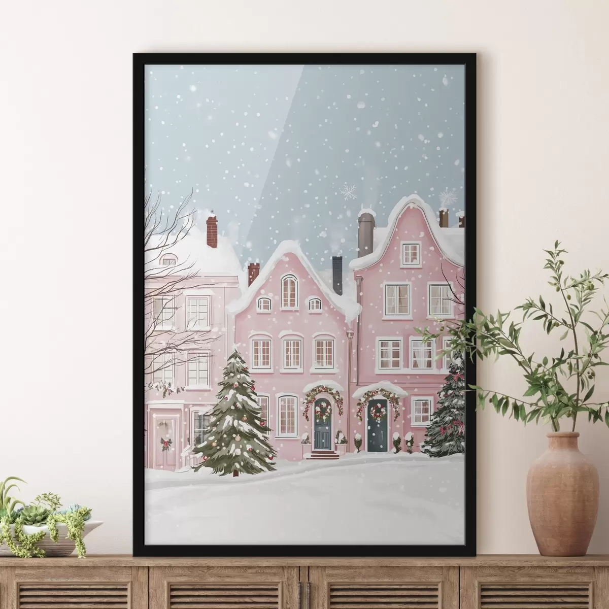 Poster Bella città con graziose case rosa, estetica invernale, fiocchi di neve f42793