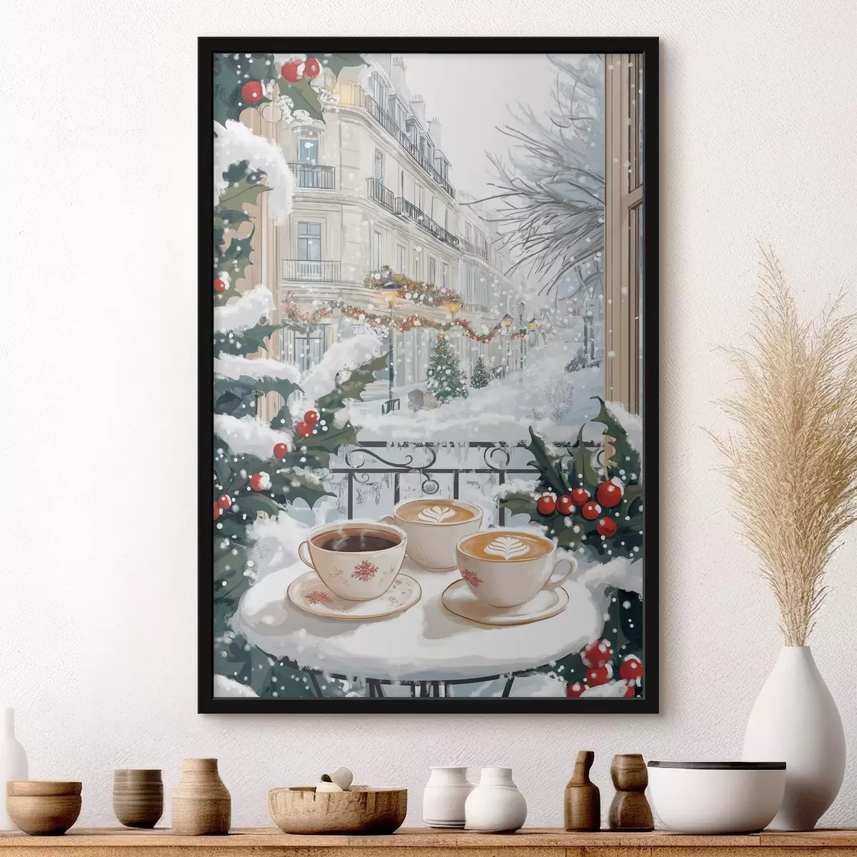 Poster Estetica invernale, tazze di caffè, ristorante, strada cittadina f42794