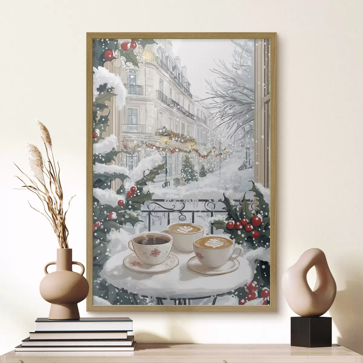 Poster Estetica invernale, tazze di caffè, ristorante, strada cittadina f42794