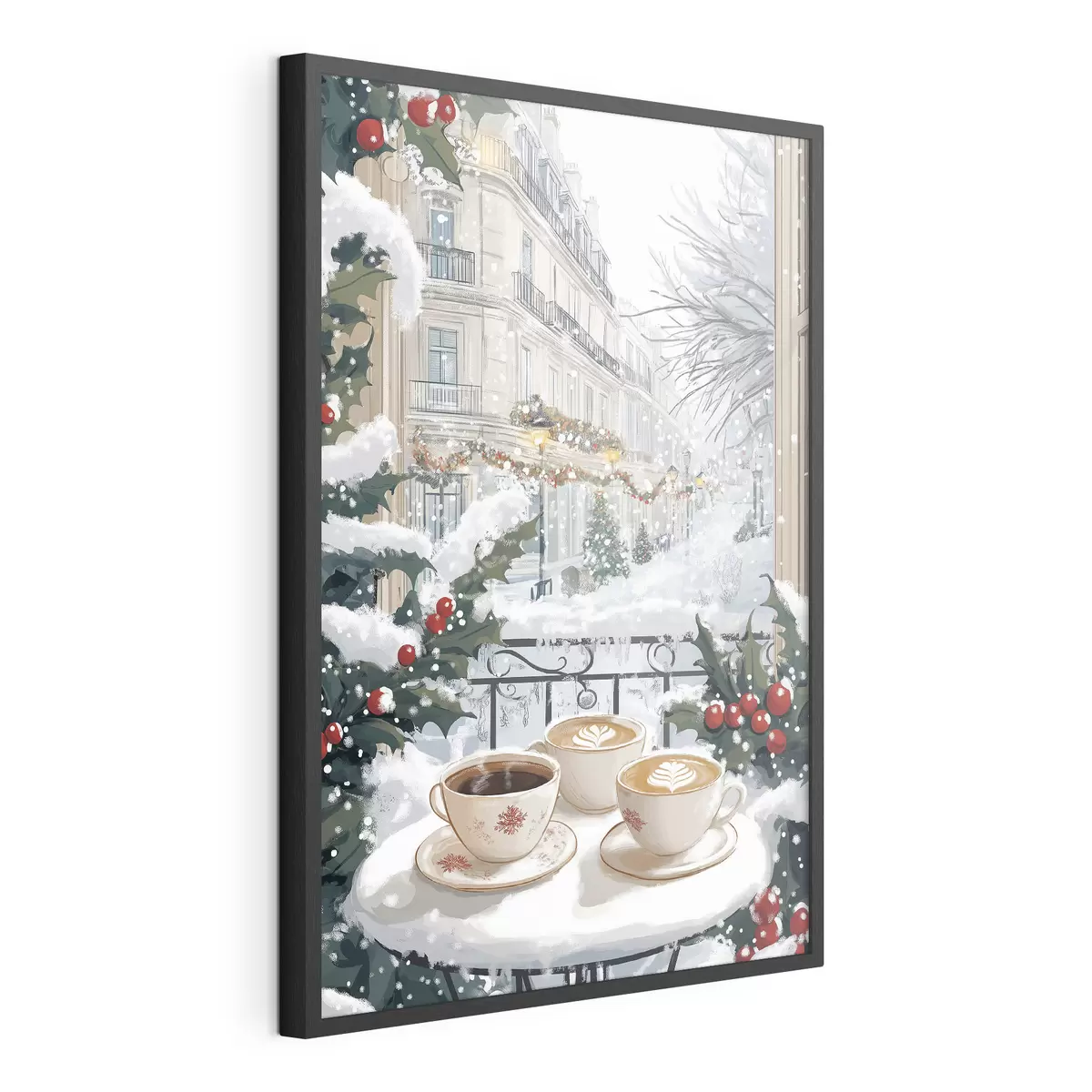 Poster Estetica invernale, tazze di caffè, ristorante, strada cittadina f42794