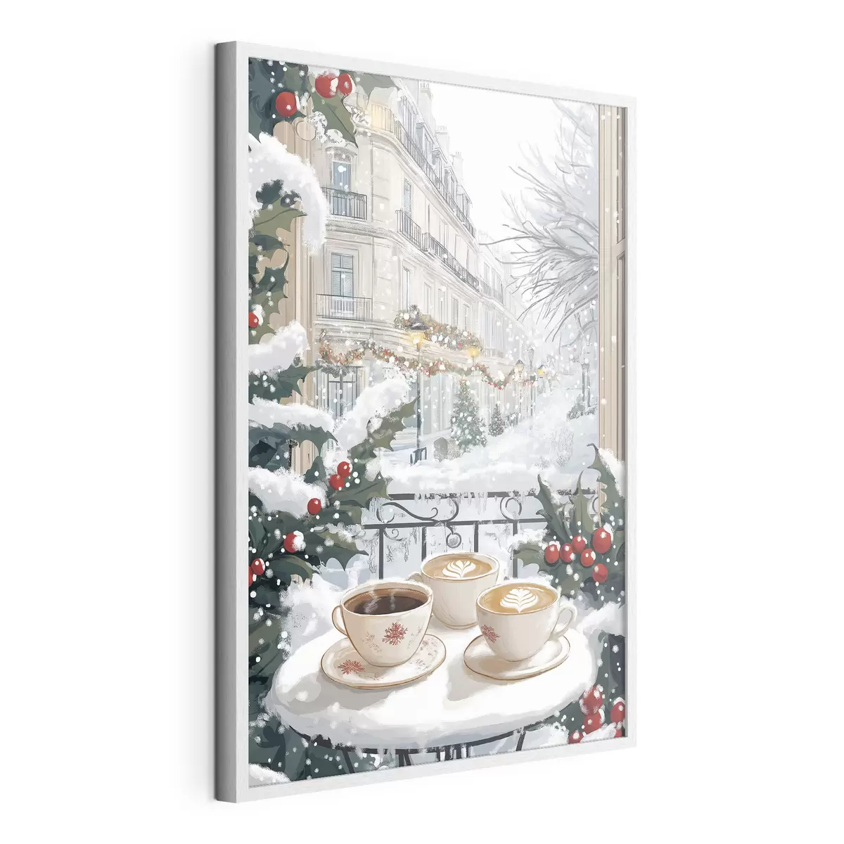 Poster Estetica invernale, tazze di caffè, ristorante, strada cittadina f42794