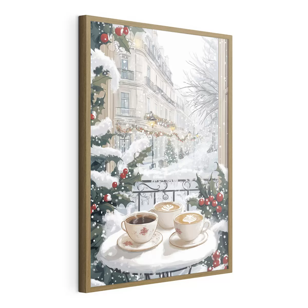 Poster Estetica invernale, tazze di caffè, ristorante, strada cittadina f42794