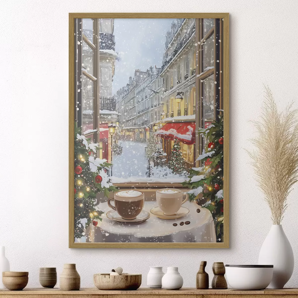 Poster Accogliente caffè invernale, tazze di caffè, stile acrilico, architettura della città vecchia f42795