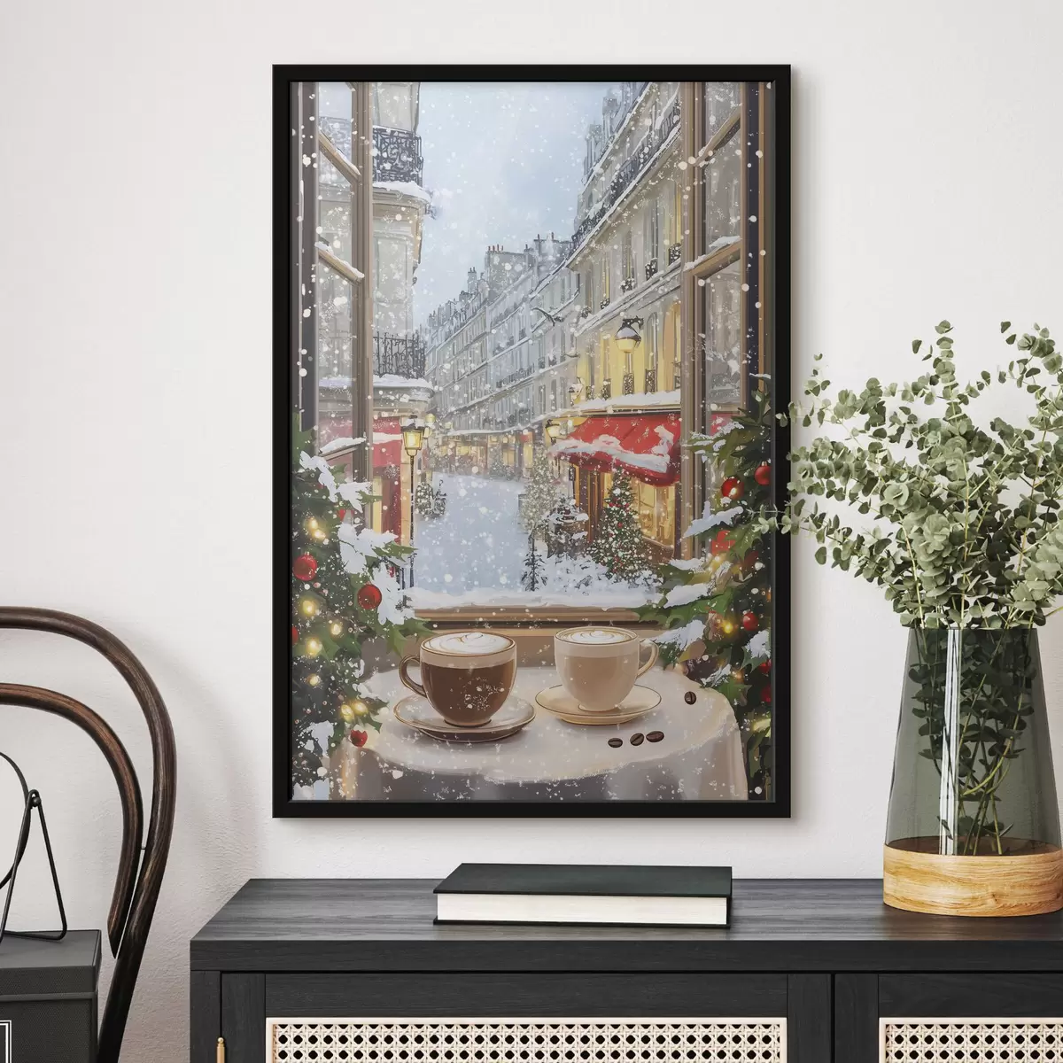 Poster Accogliente caffè invernale, tazze di caffè, stile acrilico, architettura della città vecchia f42795